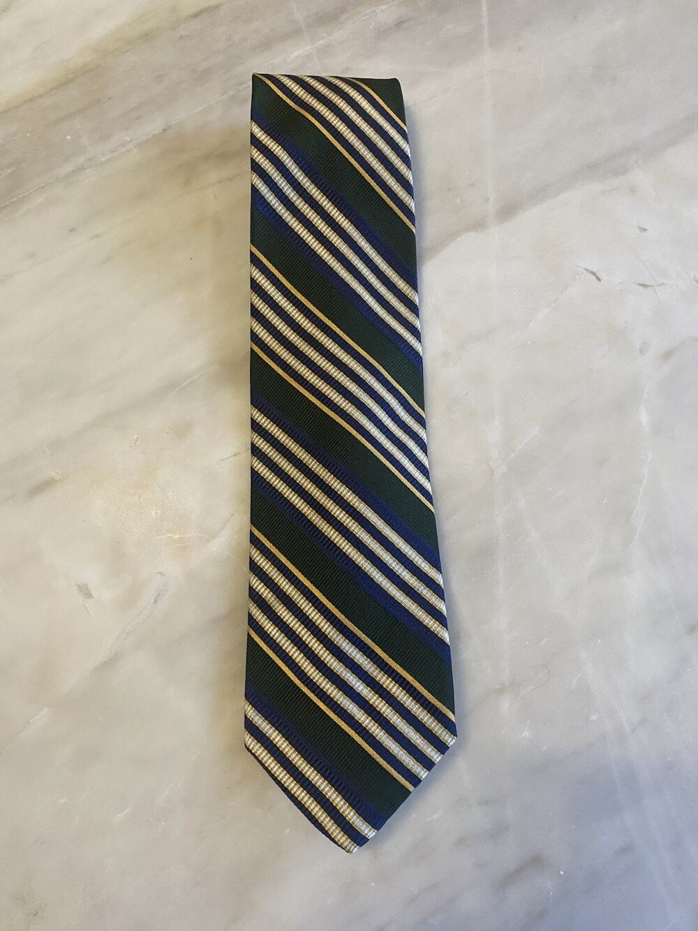 Robert Talbott Best Of Class Tie 100% Silk Regimental Stripe Gold Navy white blu